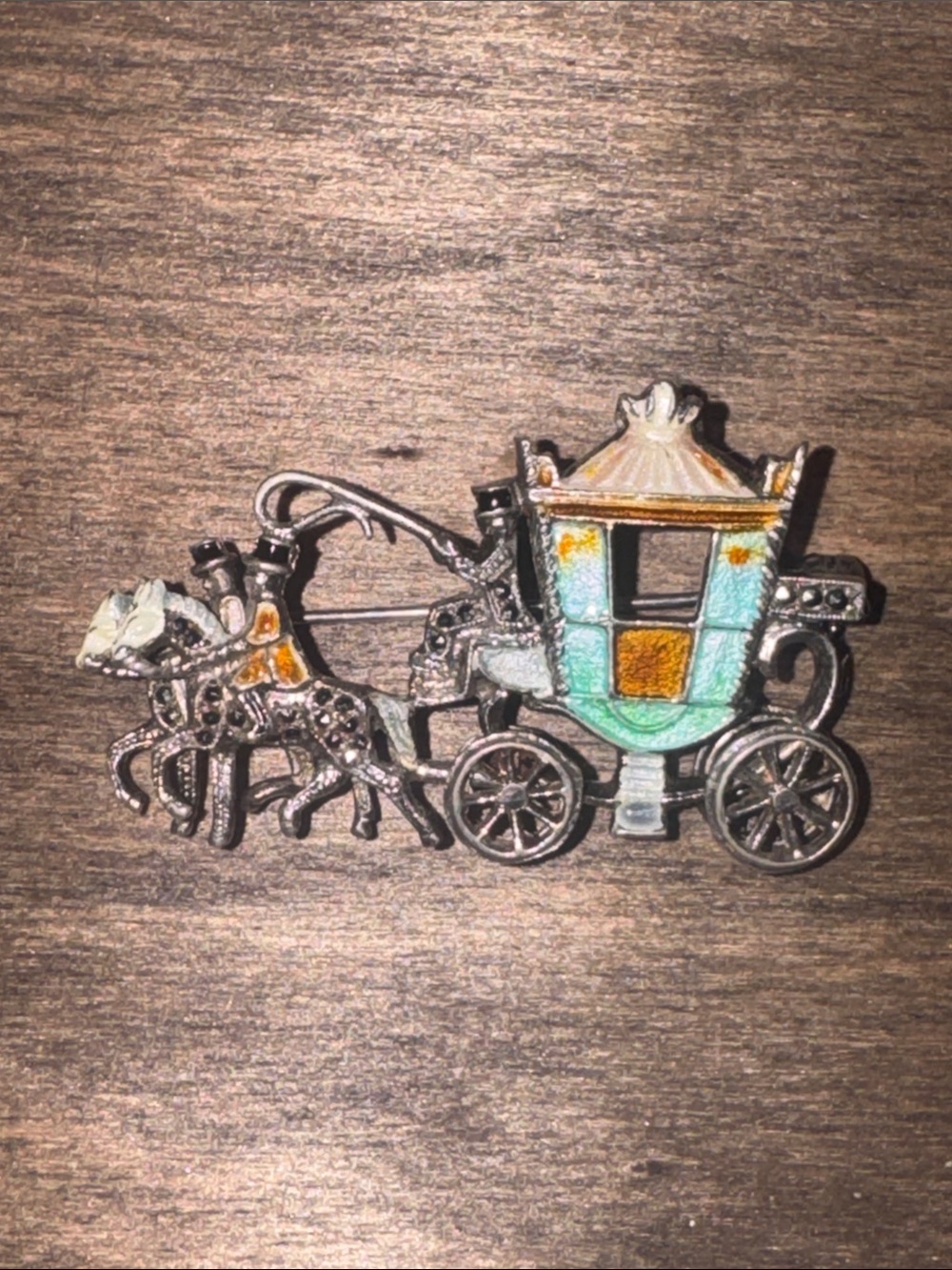 Vintage Sterling Silver & Enamelled Coach w Horses